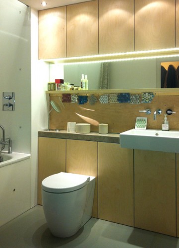 perspex bath panelling / concrete counter / plywood storage / concealed LED lighting