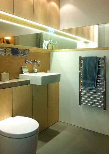 mirror feature / concrete counter / concealed LED lighting / plywood storage